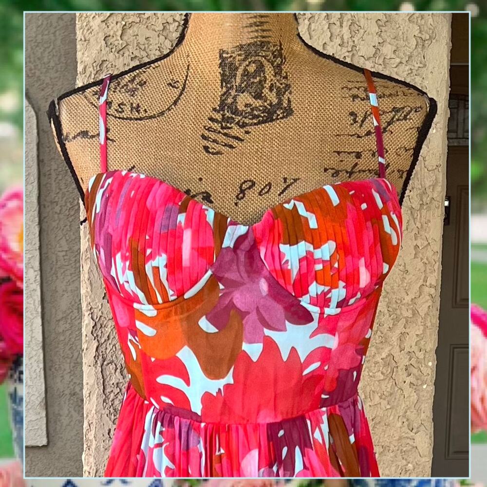 Petal & Pup Red Pink Orange Floral Pleated Maxi Dress - Picture 3 of 14
